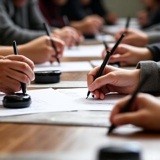 Handen die een kalligrafiepen vasthouden tijdens een workshop instructie