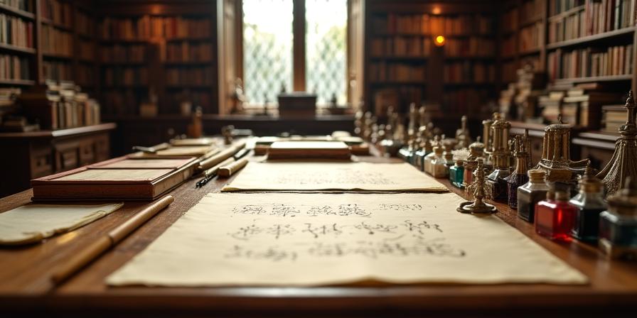 Een sfeervol verlichte werkplaats met perkament, inktpotten en een kalligraaf aan het werk