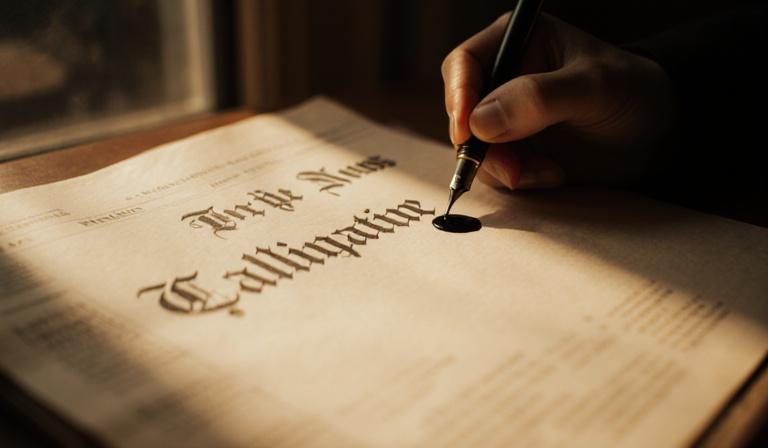 Close-up van een kalligraaf die een modern nieuwsartikel schrijft op handgeschept papier